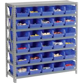 Steel Shelving with 30 4"H Plastic Shelf Bins Blue, 36x18x39-7 Shelves