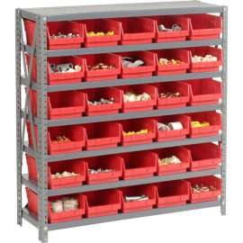 Steel Shelving with 30 4"H Plastic Shelf Bins Red, 36x12x39-7 Shelves