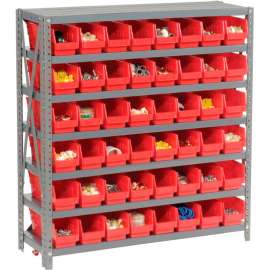 Steel Shelving with 48 4"H Plastic Shelf Bins Red, 36x12x39-7 Shelves
