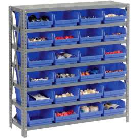 Steel Shelving With 18 4"H Plastic Shelf Bins Blue, 36x18x39-7 Shelves