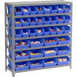 Steel Shelving with Total 36 4"H Plastic Shelf Bins Blue, 36x12x39-7 Shelves