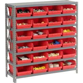 Steel Shelving with 24 4"H Plastic Shelf Bins Red, 36x18x39-7 Shelves