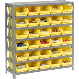 Steel Shelving with 30 4"H Plastic Shelf Bins Yellow, 36x18x39-7 Shelves