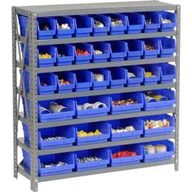 Steel Shelving with Total 36 4"H Plastic Shelf Bins Blue, 36x18x39-7 Shelves