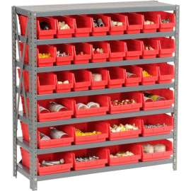 Steel Shelving with Total 36 4"H Plastic Shelf Bins Red, 36x18x39-7 Shelves