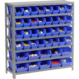 Steel Shelving with Total 42 4"H Plastic Shelf Bins Blue, 36x18x39-7 Shelves