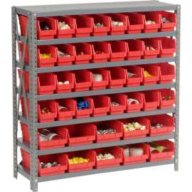 Steel Shelving with Total 42 4"H Plastic Shelf Bins Red, 36x18x39-7 Shelves