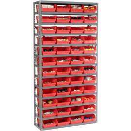 Steel Shelving with 48 4"H Plastic Shelf Bins Red, 36x12x72-13 Shelves