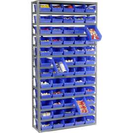 Steel Shelving with 60 4"H Plastic Shelf Bins Blue, 36x12x73-13 Shelves
