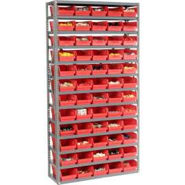 Steel Shelving with 60 4"H Plastic Shelf Bins Red, 36x12x72-13 Shelves