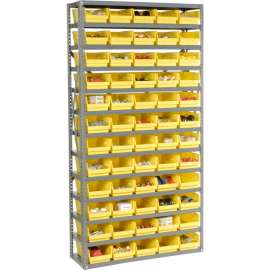 Steel Shelving with 60 4"H Plastic Shelf Bins Yellow, 36x12x72-13 Shelves