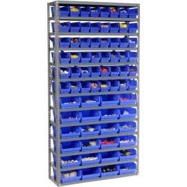 Steel Shelving - Total 72 4"H Plastic Shelf Bins Blue, 36x12x72-13 Shelves