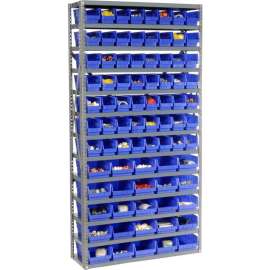 Steel Shelving - Total 81 4"H Plastic Shelf Bins Blue, 36x12x72-13 Shelves