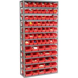 Steel Shelving - Total 81 4"H Plastic Shelf Bins Red, 36x12x72-13 Shelves