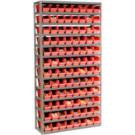 Steel Shelving with 96 4"H Plastic Shelf Bins Red, 36x12x72-13 Shelves