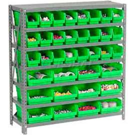 Steel Shelving with 48 4"H Plastic Shelf Bins Green, 36x18x39-7 Shelves