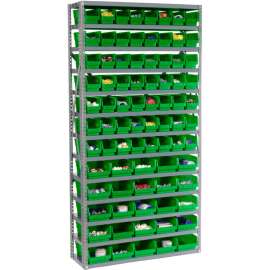 Steel Shelving - Total 81 4"H Plastic Shelf Bins Green, 36x12x72-13 Shelves