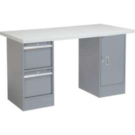 Global Industrial 60 x 30 Pedestal Workbench 2 Drawers and Cabinet, Laminate Square Edge Gray