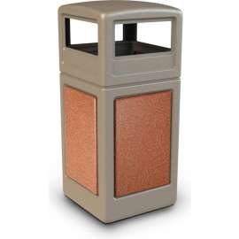 PolyTec Square Waste Container w/Dome Lid - Beige w/Sedona Stone Panels, 42-Gallon