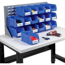 Global Industrial Louvered Bench Rack 36"W x 20"H - 18 of Blue Premium Stacking Bins
