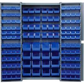 Storage Cabinet w/ 136 Blue Bins, Unassembled, 417 lbs. Weight, 38"W x 24"D x 72"H