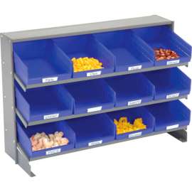 Global Industrial 3 Shelf Bench Pick Rack - 12 Blue Shelf Bins 8 Inch Wide 33x12x21