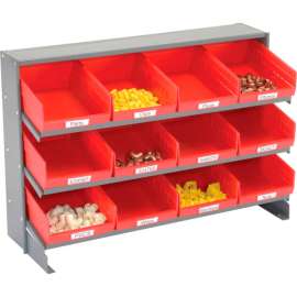 Global Industrial 3 Shelf Bench Pick Rack - 12 Red Plastic Shelf Bins 8 Inch Wide 33x12x21