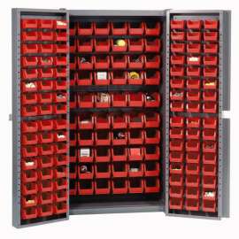 Bin Cabinet Deep Door - 156 Red Bins, 16Ga. Assembled Cabinet 38 x 24 x 72
