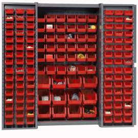 Bin Cabinet Deep Door - 144 Red Bins, 16Ga. Assembled Cabinet 38 x 24 x 72