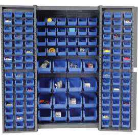 Storage Cabinet w/ 136 Blue Bins, Assembled, 365 lbs. Weight, 38"W x 24"D x 72"H