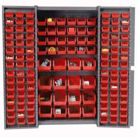 Storage Cabinet w/ 136 Red Bins, Assembled, 365 lbs. Weight, 38"W x 24"D x 72"H