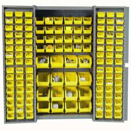 Storage Cabinet w/ 136 Yellow Bins, Assembled, 365 lbs. Weight, 38"W x 24"D x 72"H