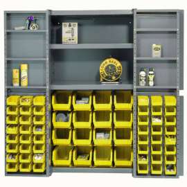 Bin Cabinet Deep Door, 64 YL Bins, Shelves, 16 Ga Assembled Cabinet 38x24x72