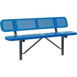 Global Industrial 6' Outdoor Steel Bench w/ Backrest, Perforated Metal, In Ground Mount, Blue
