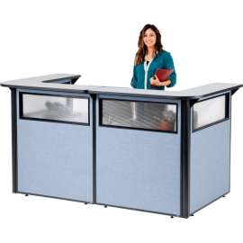 Interion U-Shaped Reception Station with Window, 88" W x 44"D x 44"H, Gray counter, Blue Panel