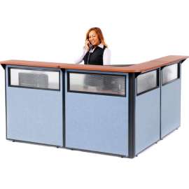 Interion L-Shaped Reception Station w/Window 80"W x 80"D x 44"H Cherry Counter Blue Panel