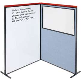 Interion Deluxe Freestanding 2-Panel Corner w/Whiteboard & Partial Window 48-1/4Wx73-1/2H Blue