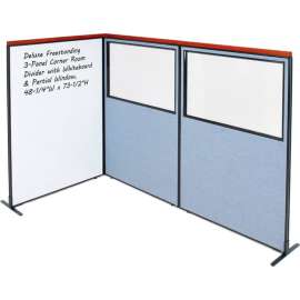 Interion Deluxe Freestanding 3-Panel Corner w/Whiteboard & Partial Window 48-1/4Wx73-1/2H Blue