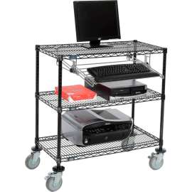Nexel 3-Shelf Mobile Wire Computer LAN Workstation w/Keyboard Tray, 36"W x 18"D x 40"H, Black