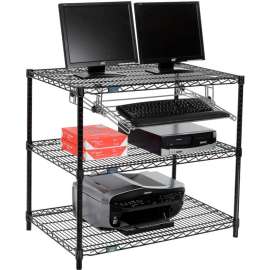 Nexel 3-Shelf Wire Computer LAN Workstation with Keyboard Tray, 36"W x 24"D x 34"H, Black