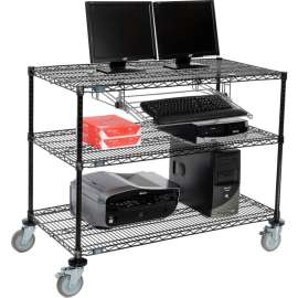 Nexel 3-Shelf Mobile Wire Computer LAN Workstation w/Keyboard Tray, 48"W x 24"D x 40"H, Black