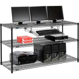Nexel 3-Shelf Wire Computer LAN Workstation with Keyboard Tray, 60"W x 24"D x 34"H, Black