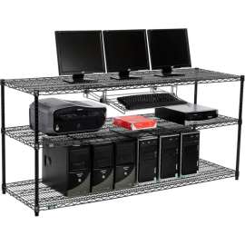Nexel 3-Shelf Wire Computer LAN Workstation with Keyboard Tray, 72"W x 24"D x 34"H, Black