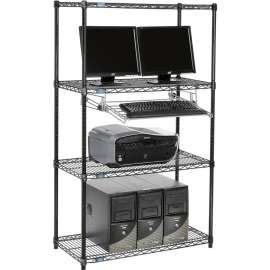 Nexel 4-Shelf Wire Computer LAN Workstation with Keyboard Tray, 36"W x 18"D x 63"H, Black