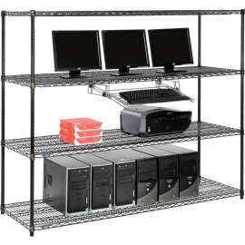 Nexel 4-Shelf Wire Computer LAN Workstation with Keyboard Tray, 72"W x 24"D x 63"H, Black