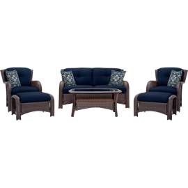 Hanover Strathmere 6 Piece Woven Deep Seating Set, Navy Blue
