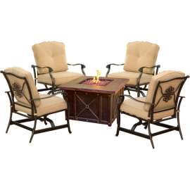 Hanover Summer Nights 5 Piece Conversation Set w/ Durastone Fire Pit, Natural Oat
