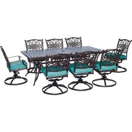Hanover Traditions 9 Piece Dining Set w/ Square Cast Top Dining Table & 8 Swivel Rockers