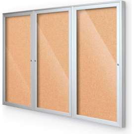 Balt Outdoor Enclosed Bulletin Board Cabinet,3-Door 72"W x 36"H, Silver Trim, Natural Cork