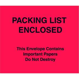 Full Face Envelopes, "Packing List Enclosed" Print, 6"L x 7"W, Red, 1000/Pack